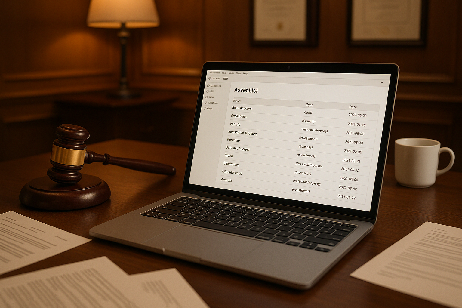 Legal documents and gavel on desk with laptop showing digital assets list