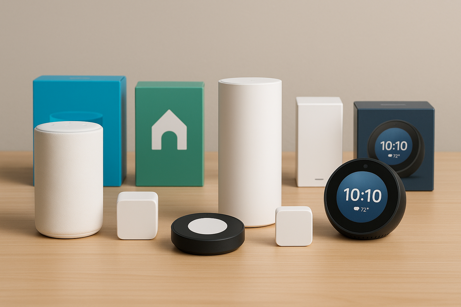 Smart home devices including Alexa, security camera, and smart thermostat on table