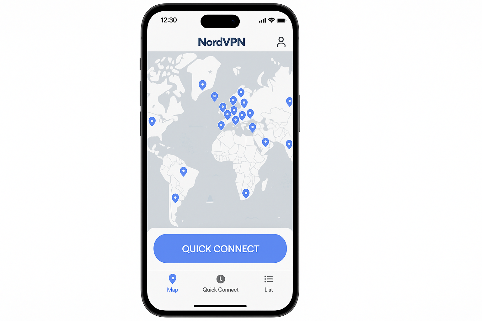 NordVPN iOS app main screen with server map and connect button