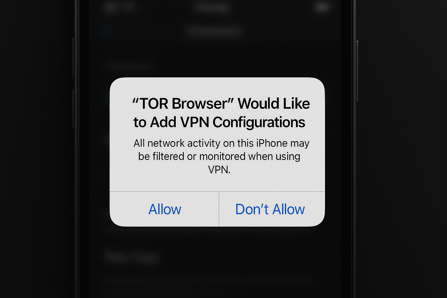 iOS VPN permission dialog asking to allow VPN configuration with Allow and Don't Allow buttons