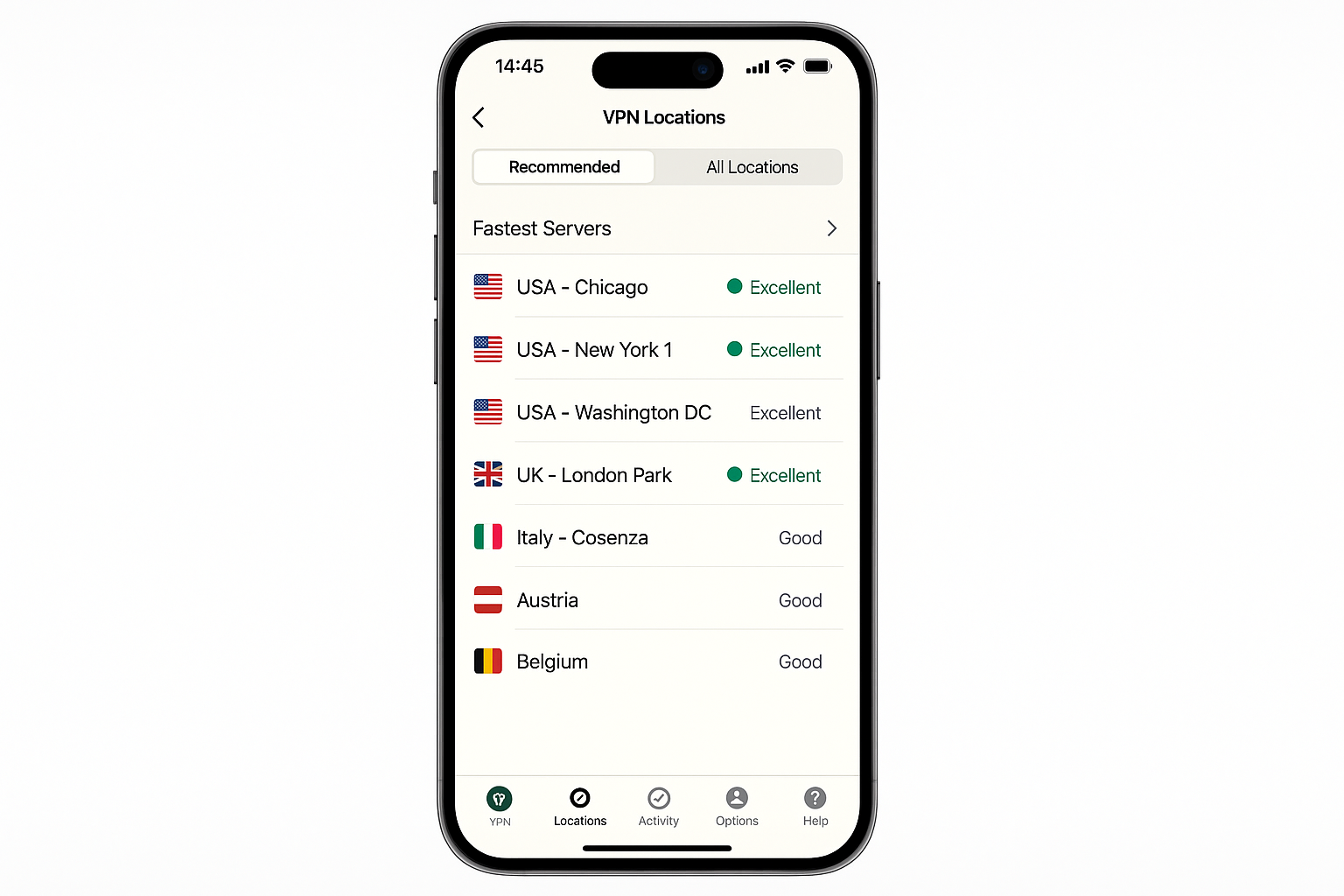 ExpressVPN server selection screen with various country options and connect button