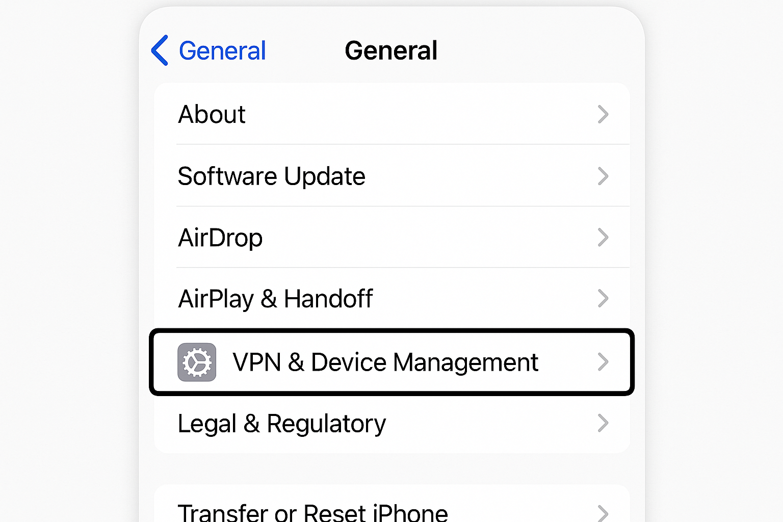 iOS Settings showing General > VPN & Device Management with VPN option highlighted