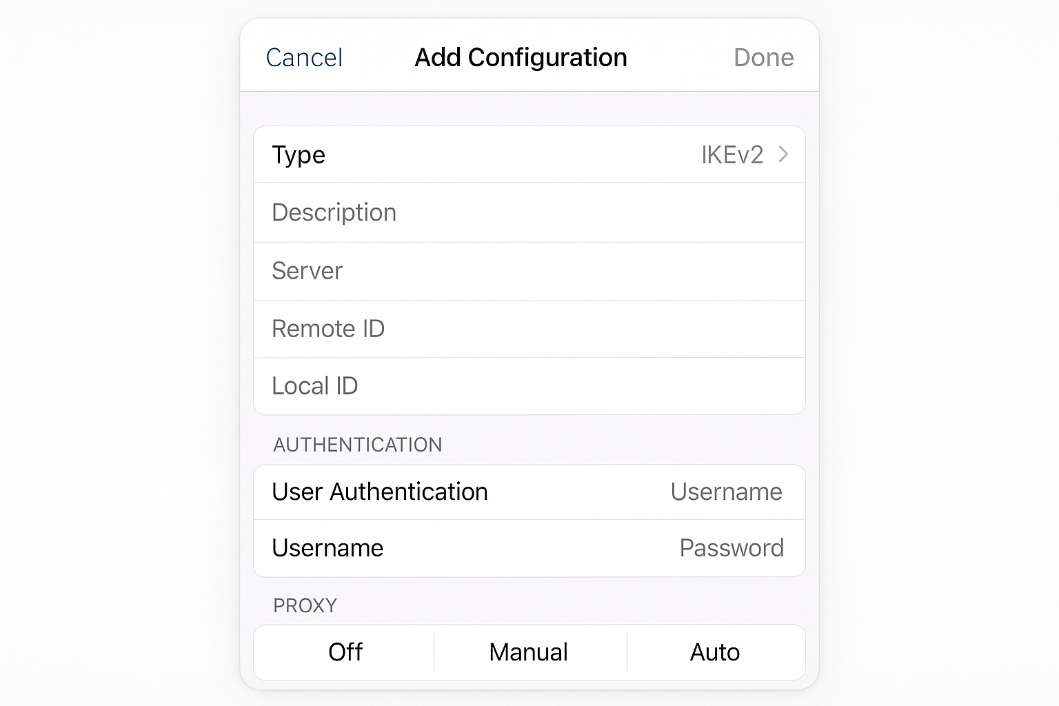 iOS Add Configuration screen with IKEv2, IPSec, and L2TP protocol options