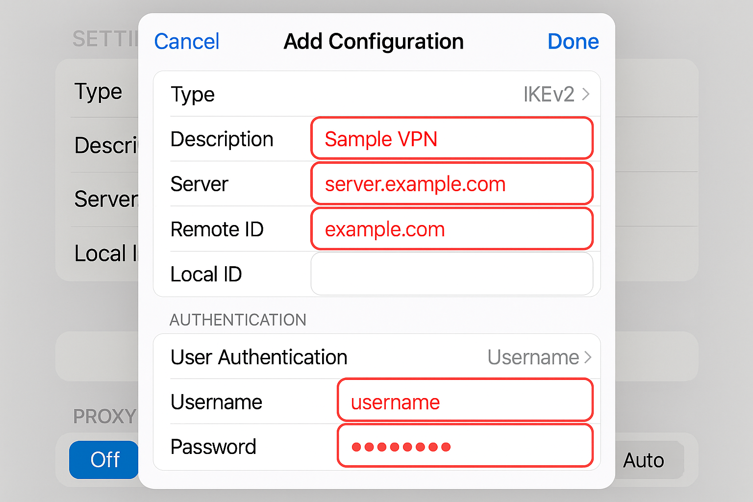 iOS VPN configuration screen with IKEv2 settings filled out including server, remote ID, and authentication fields