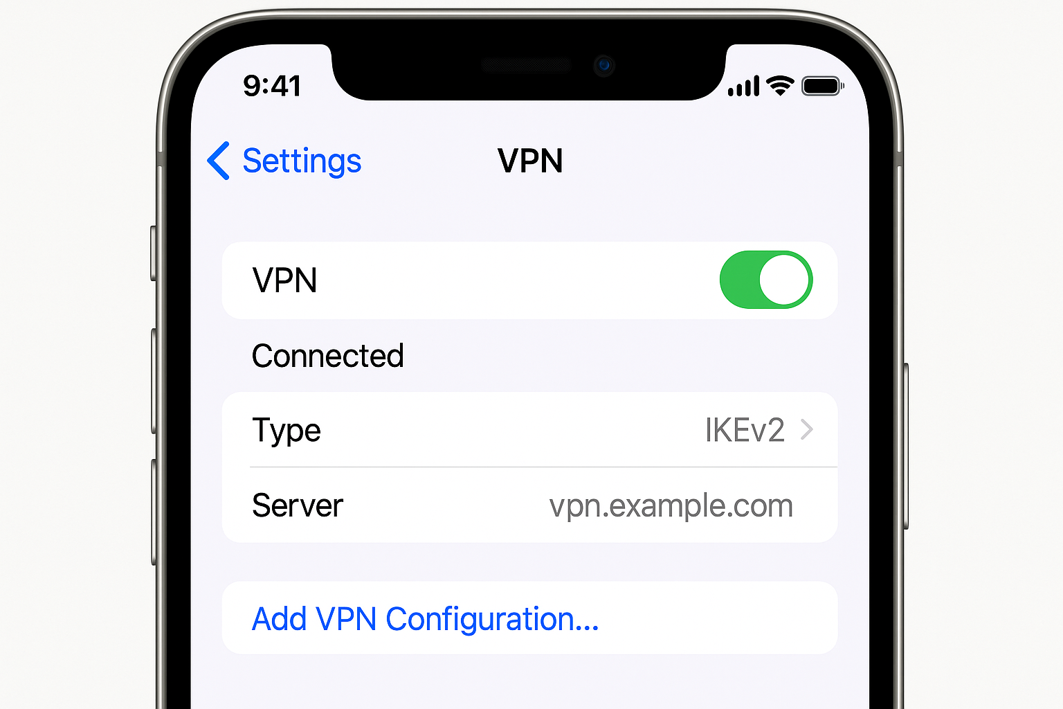 iOS VPN settings showing configured VPN with toggle switch in On position and Connected status