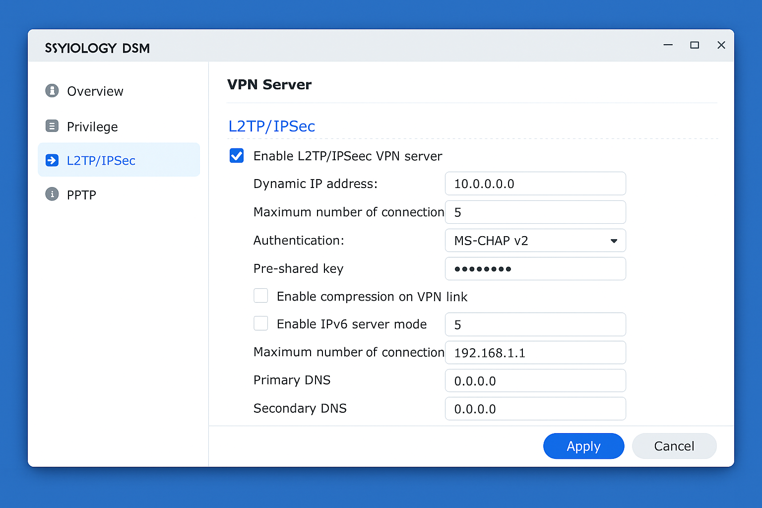Synology NAS VPN Server package interface showing L2TP/IPSec configuration with enable checkbox and pre-shared key field