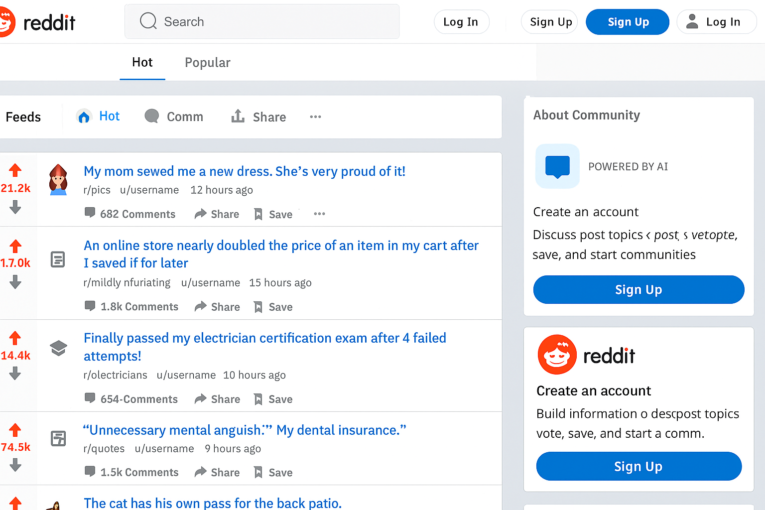 Reddit homepage showing subreddit structure, voting arrows, and anonymous usernames