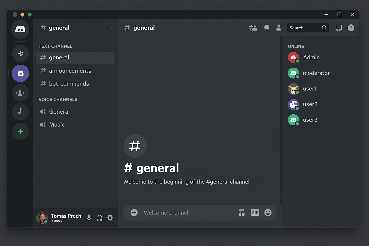 Discord server interface showing channel categories, voice channels, and member list