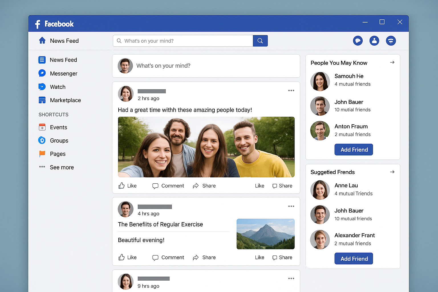 Facebook news feed showing real names, mutual friends, and algorithmic content