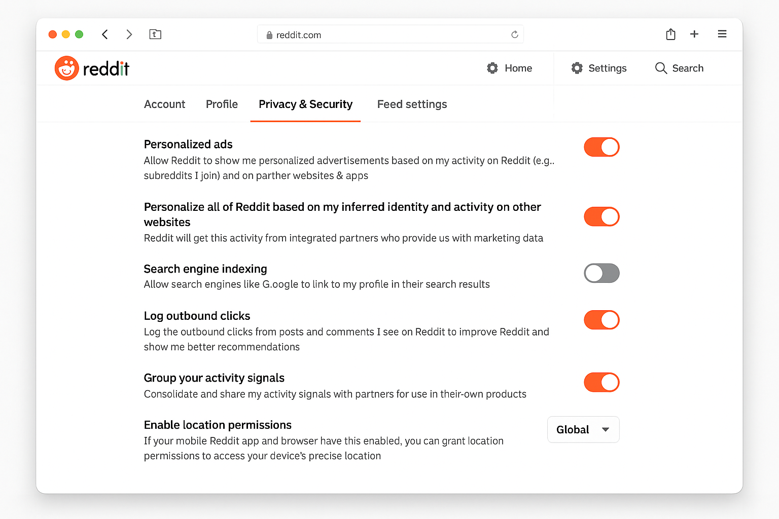 Reddit privacy settings showing anonymity controls and data collection options
