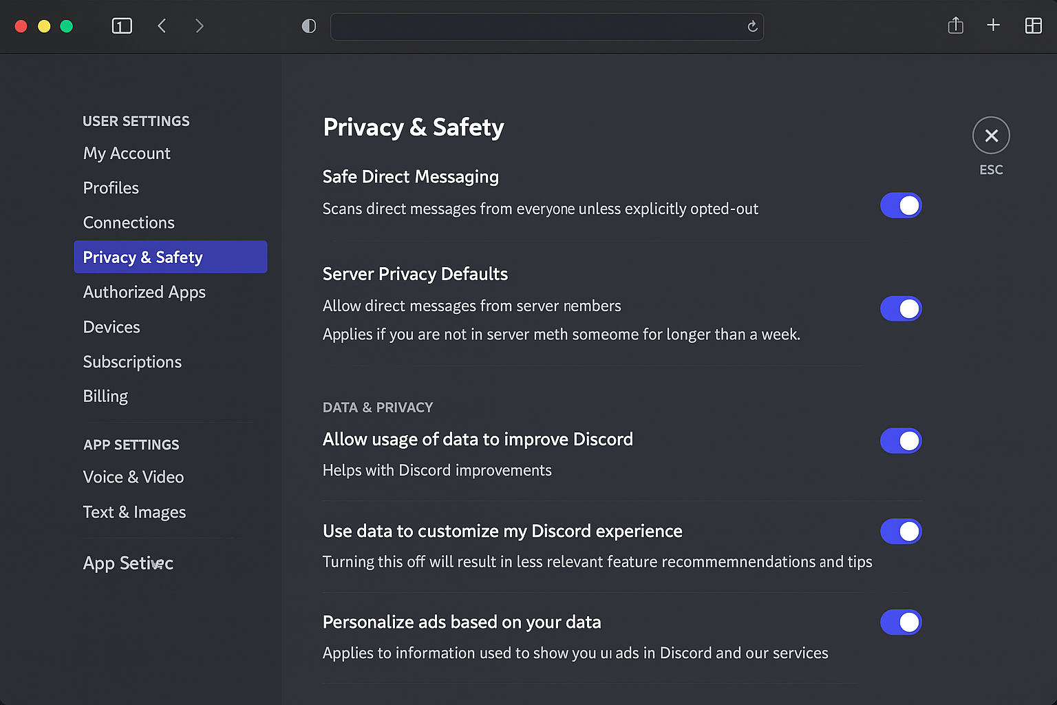 Discord privacy and safety settings panel