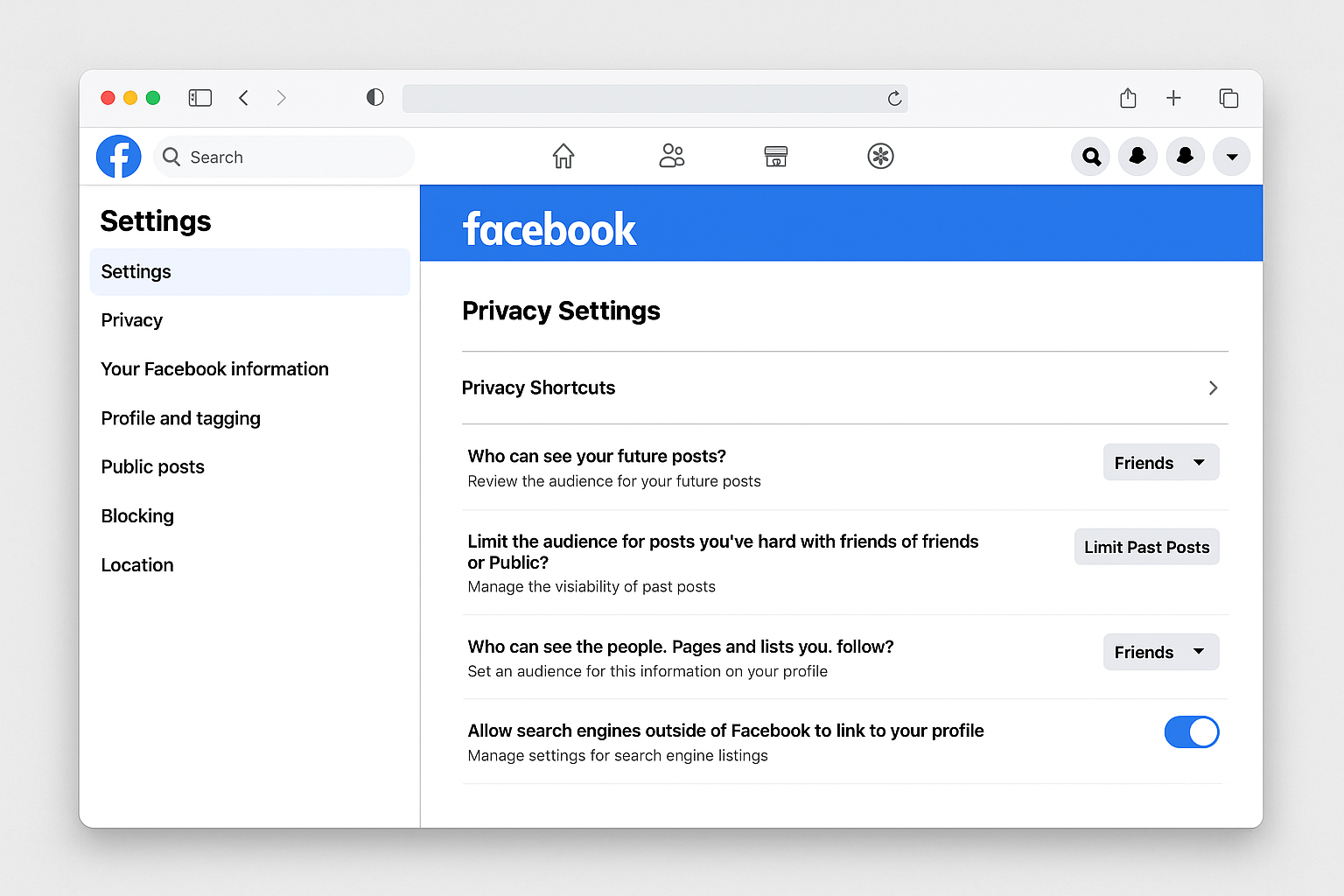 Facebook privacy settings showing audience controls and data management options
