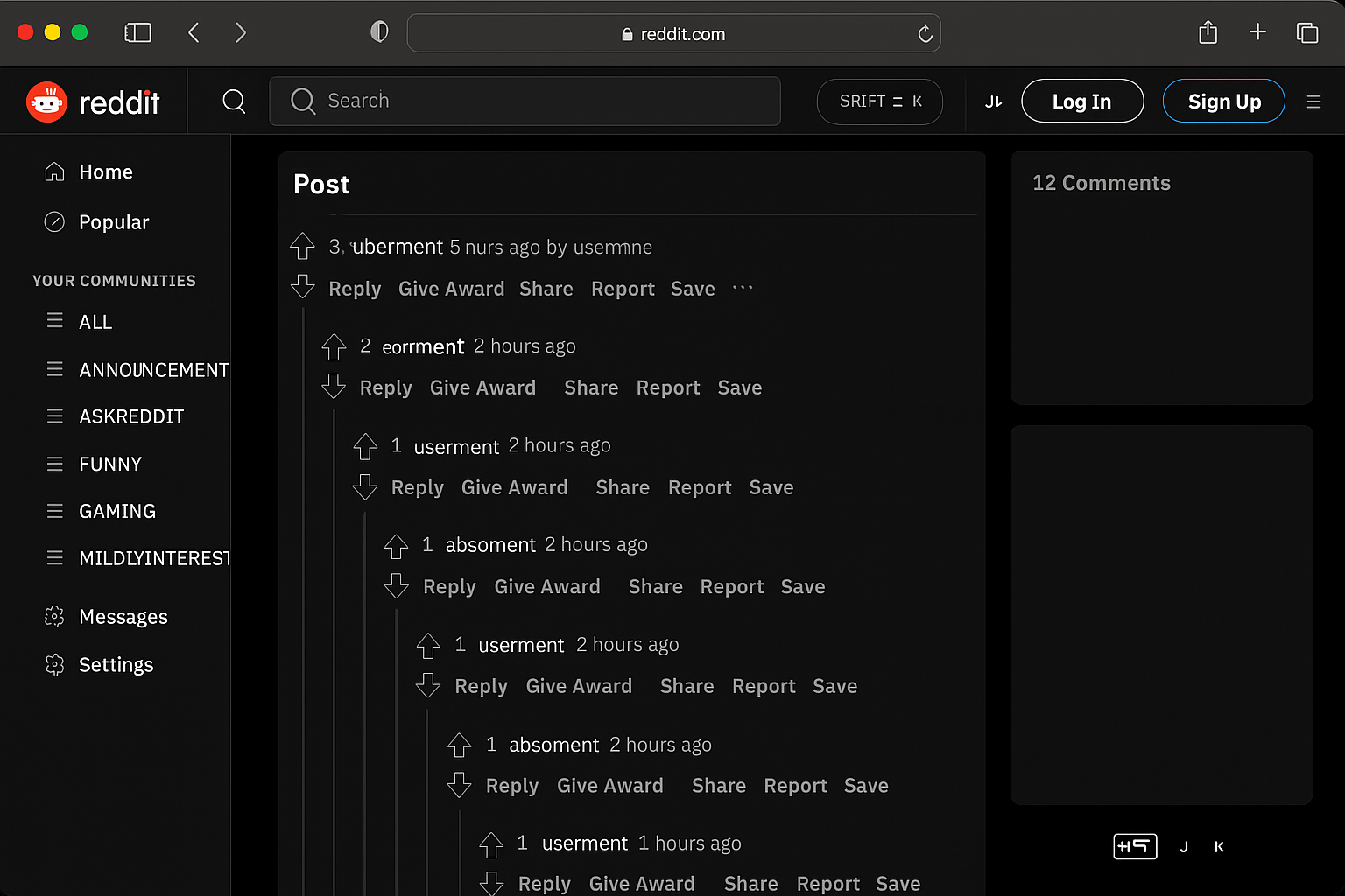 Reddit desktop interface showing full comment threading and keyboard navigation options