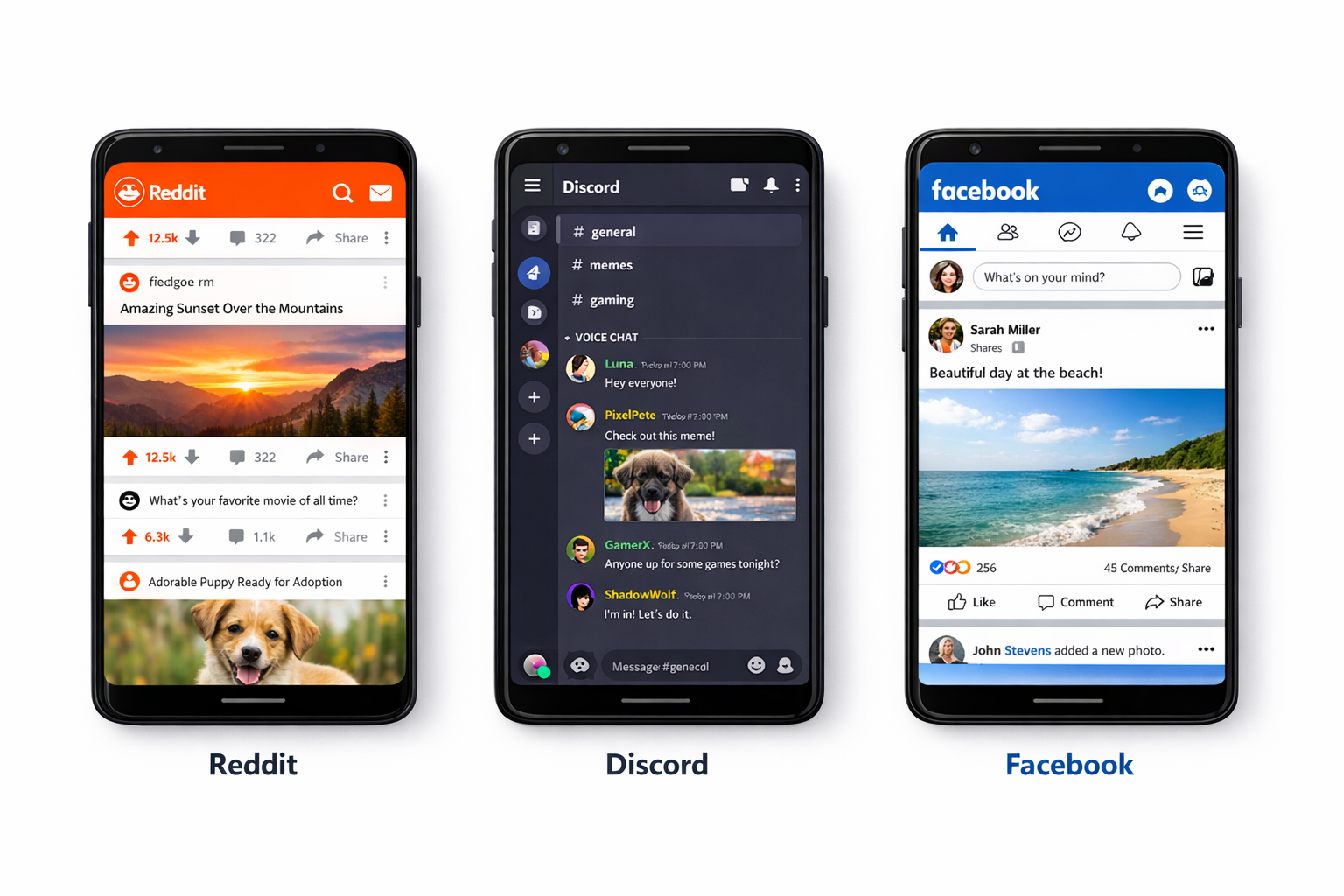 Side-by-side comparison of Reddit, Discord, and Facebook mobile app interfaces