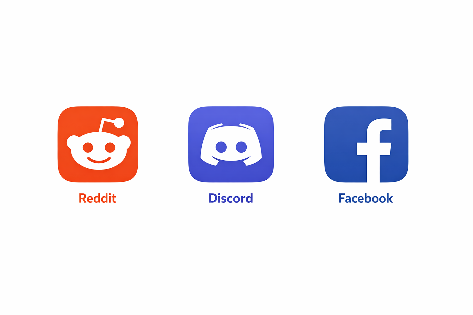 Three platform logos—Reddit, Discord, Facebook—displayed together for comparison