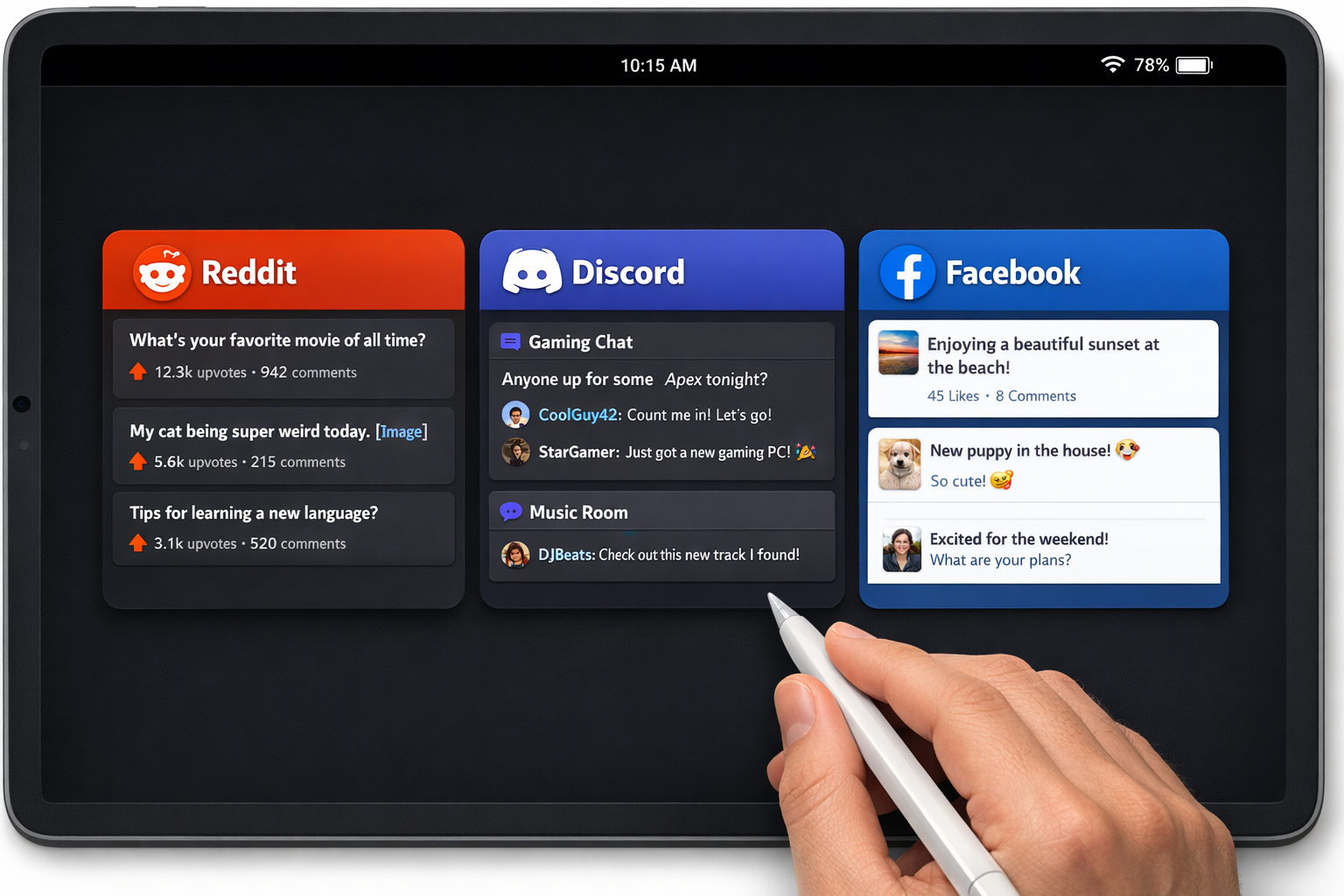 User scrolling through social media platform options on a tablet