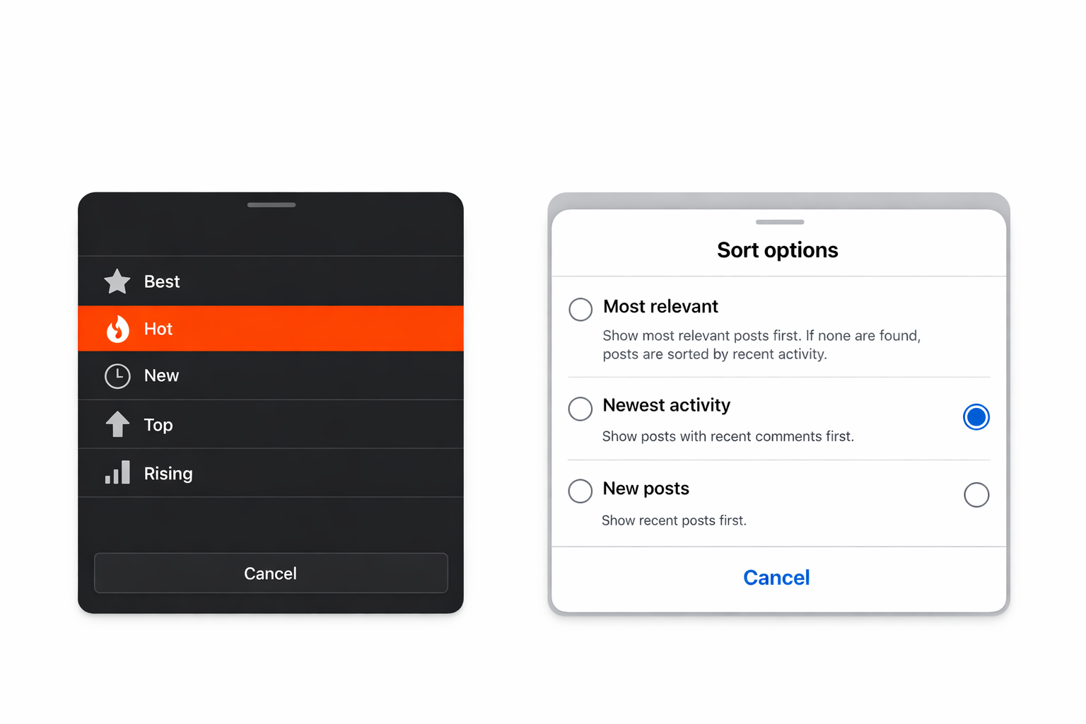 Reddit feed sorting options shown alongside Facebook algorithmic feed settings UI