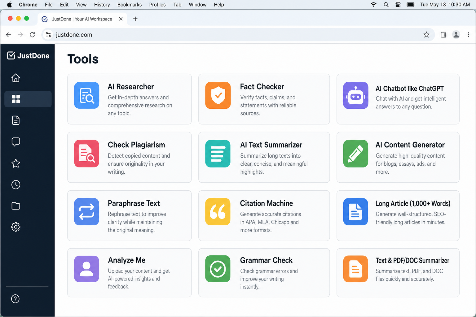 JustDone homepage at justdone.com showing the main writing workspace dashboard with paraphrasing, plagiarism detection, and AI detection tools visible