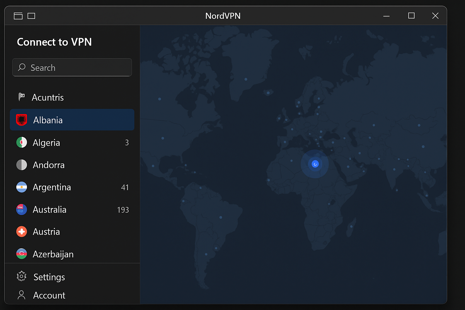 NordVPN app with Albania server selected and connected