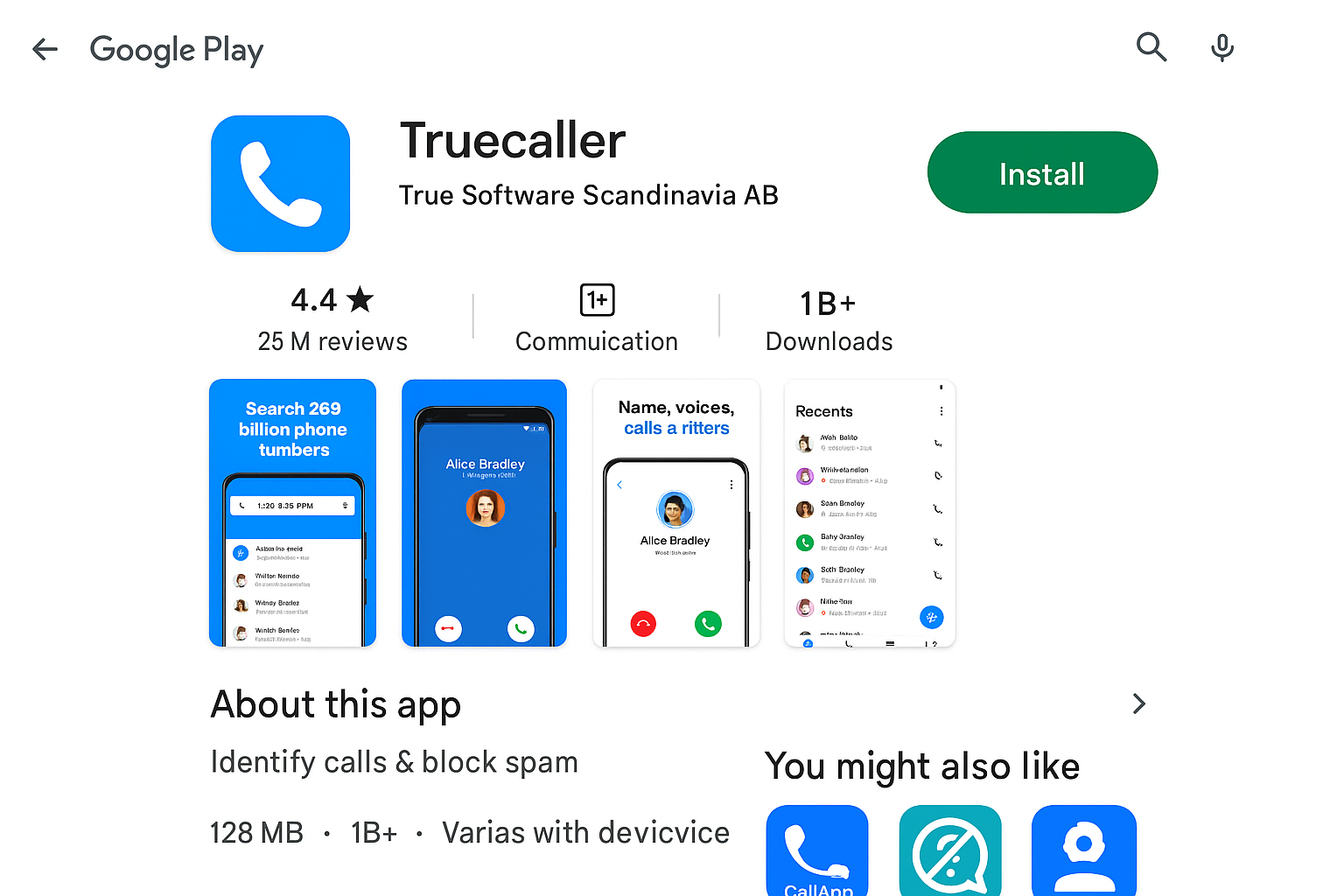 Google Play Store showing Truecaller app download page with install button