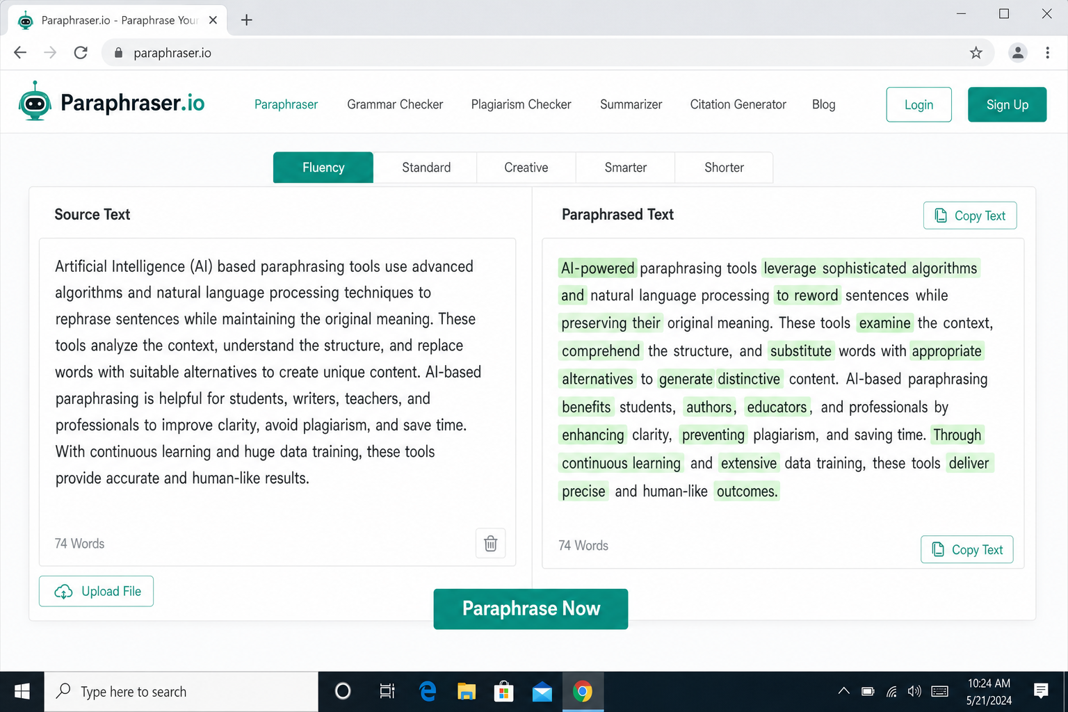 Paraphraser.io homepage at paraphraser.io showing the text input area with word count indicator and available paraphrasing mode options highlighted