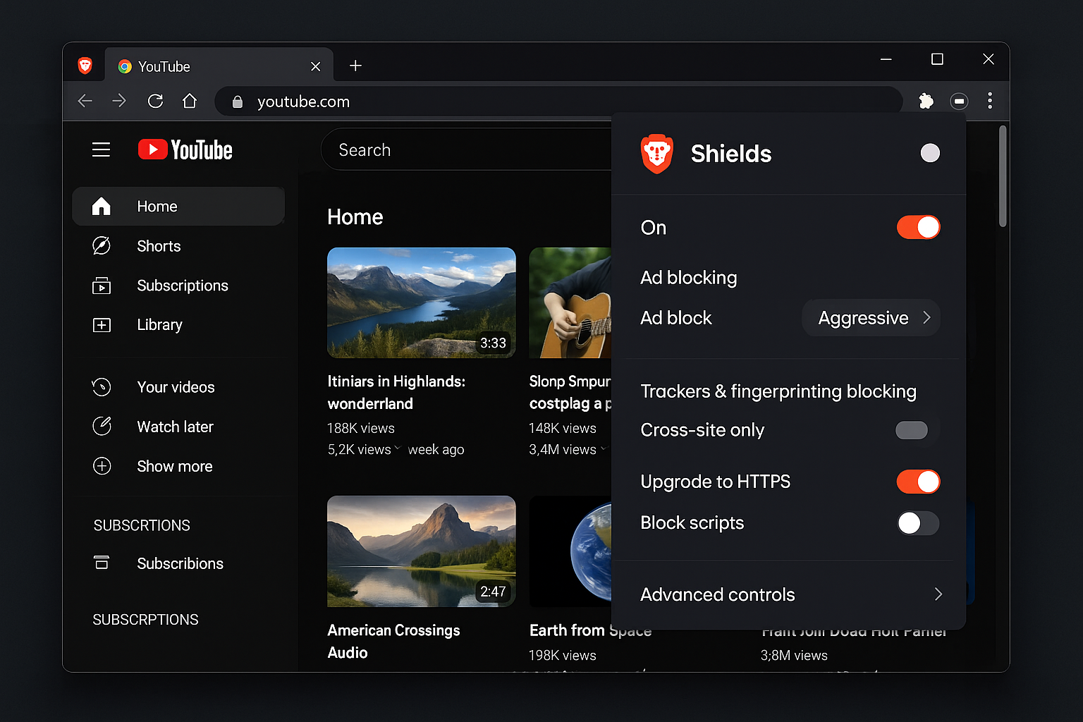 Brave browser on YouTube with Shields panel open showing aggressive ad blocking enabled