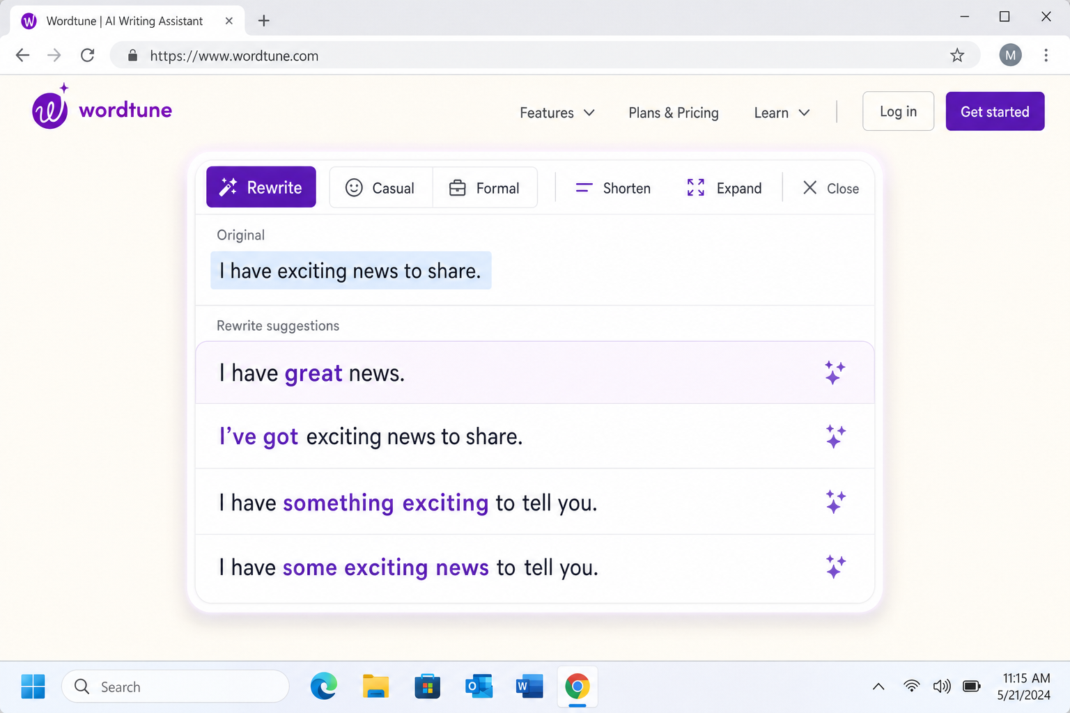 WordTune.com interface showing a glowing screen showing multiple sentence rewrite suggestions side by side