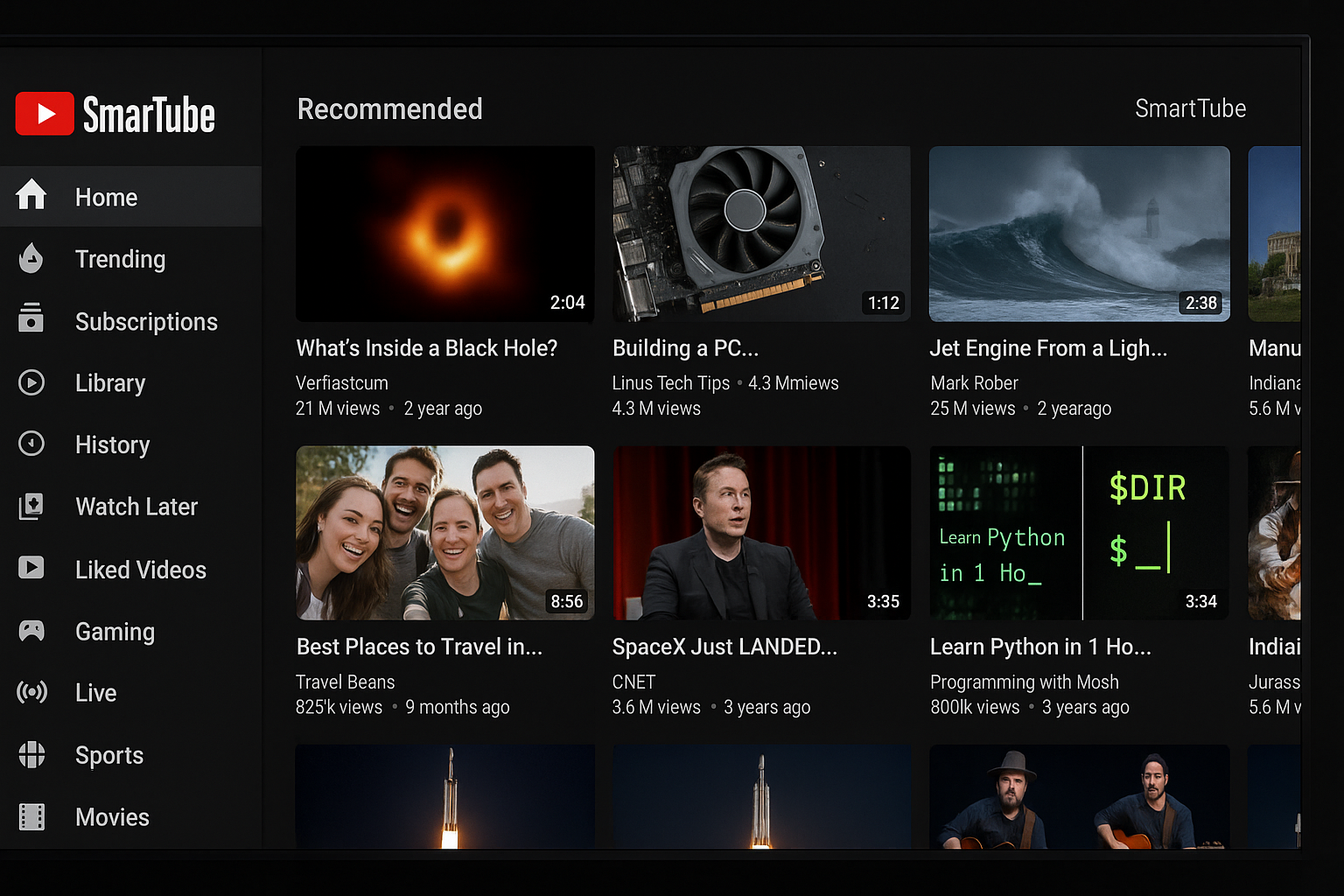 SmartTube interface on Android TV showing YouTube homepage without ads