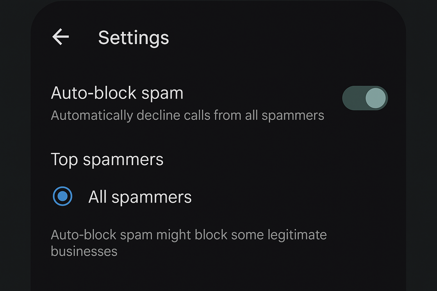 Truecaller settings page showing Block options with Auto-block top spammers toggle enabled