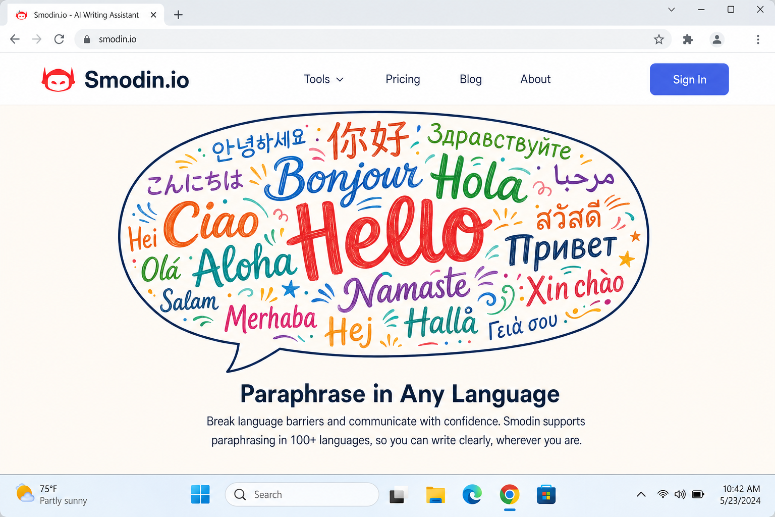 Smodin.io interface with colorful speech bubbles containing text in multiple different world languages