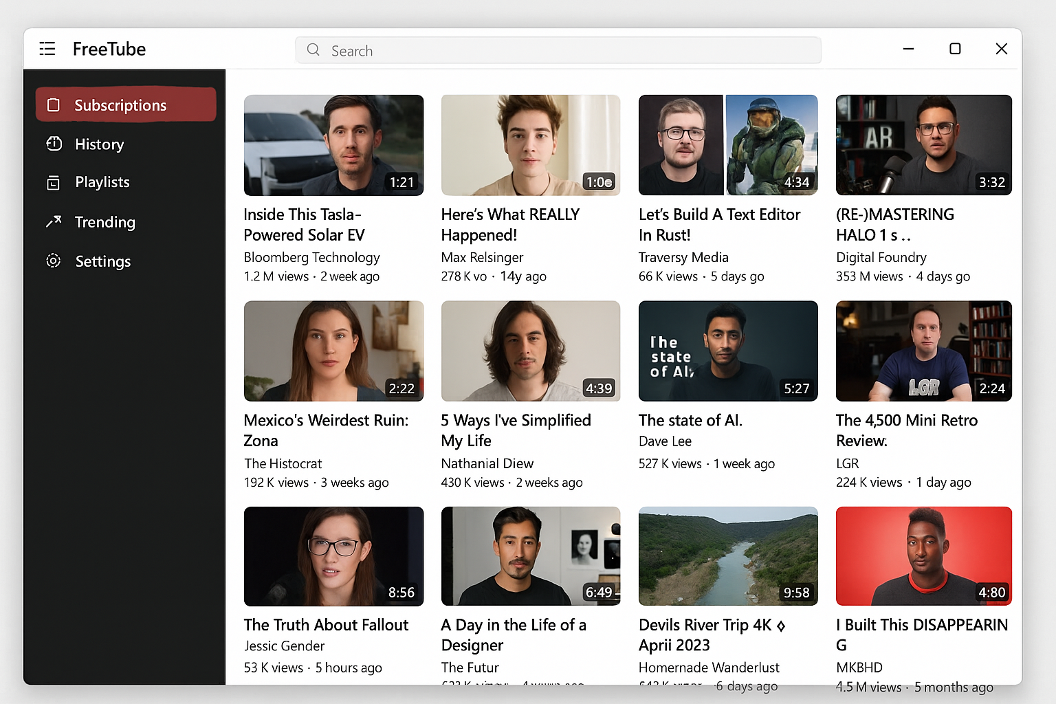FreeTube desktop application showing YouTube-like interface without ads