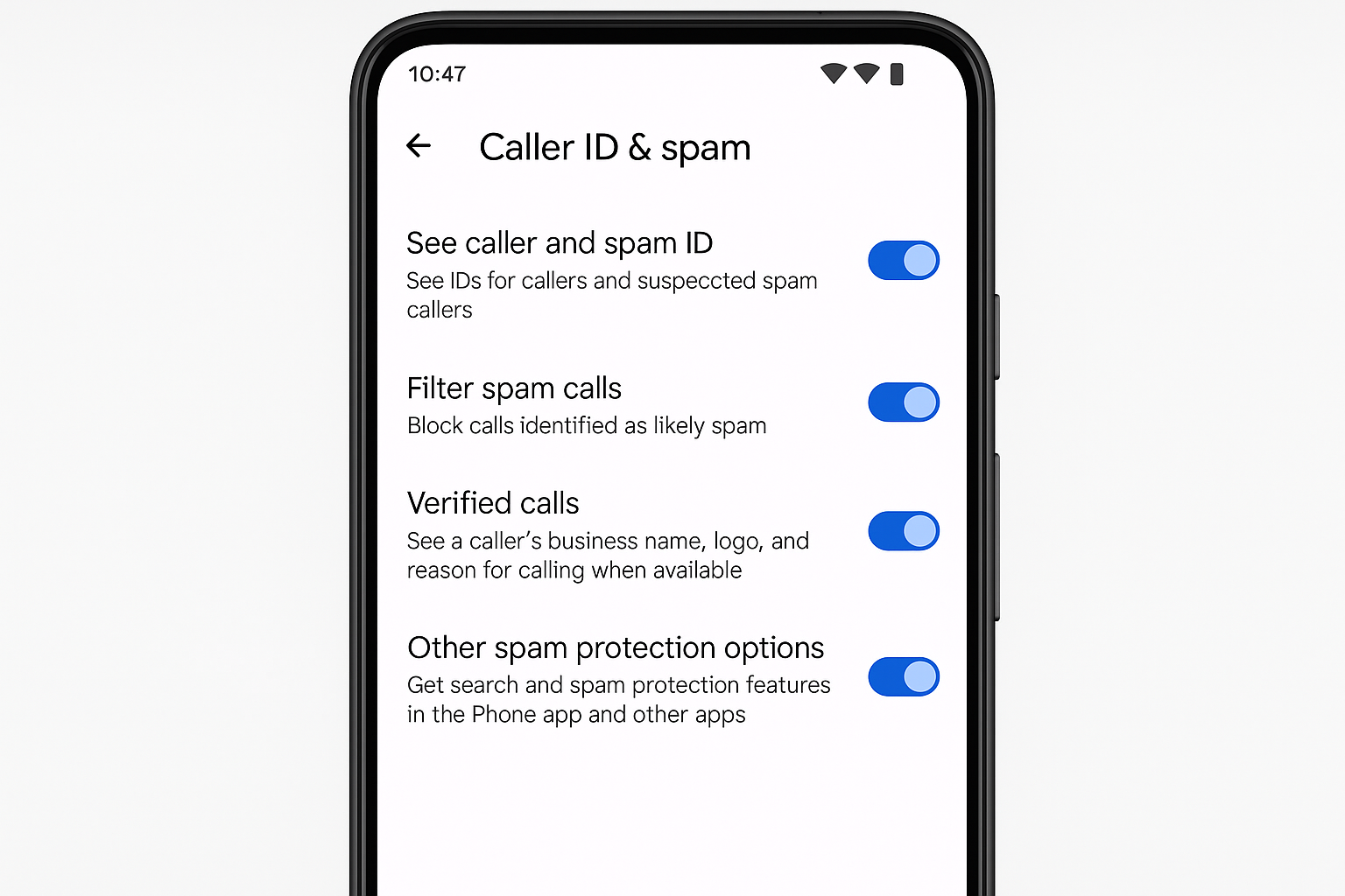 Google Phone app settings showing Caller ID & spam options with toggles enabled