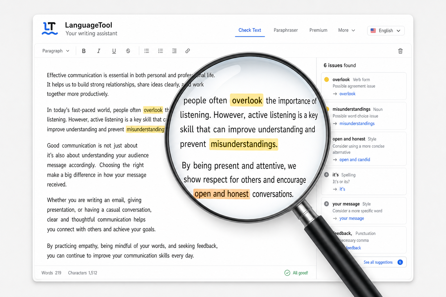 languagetool.org interface with a magnifying glass hovering over a clean, neatly written document page