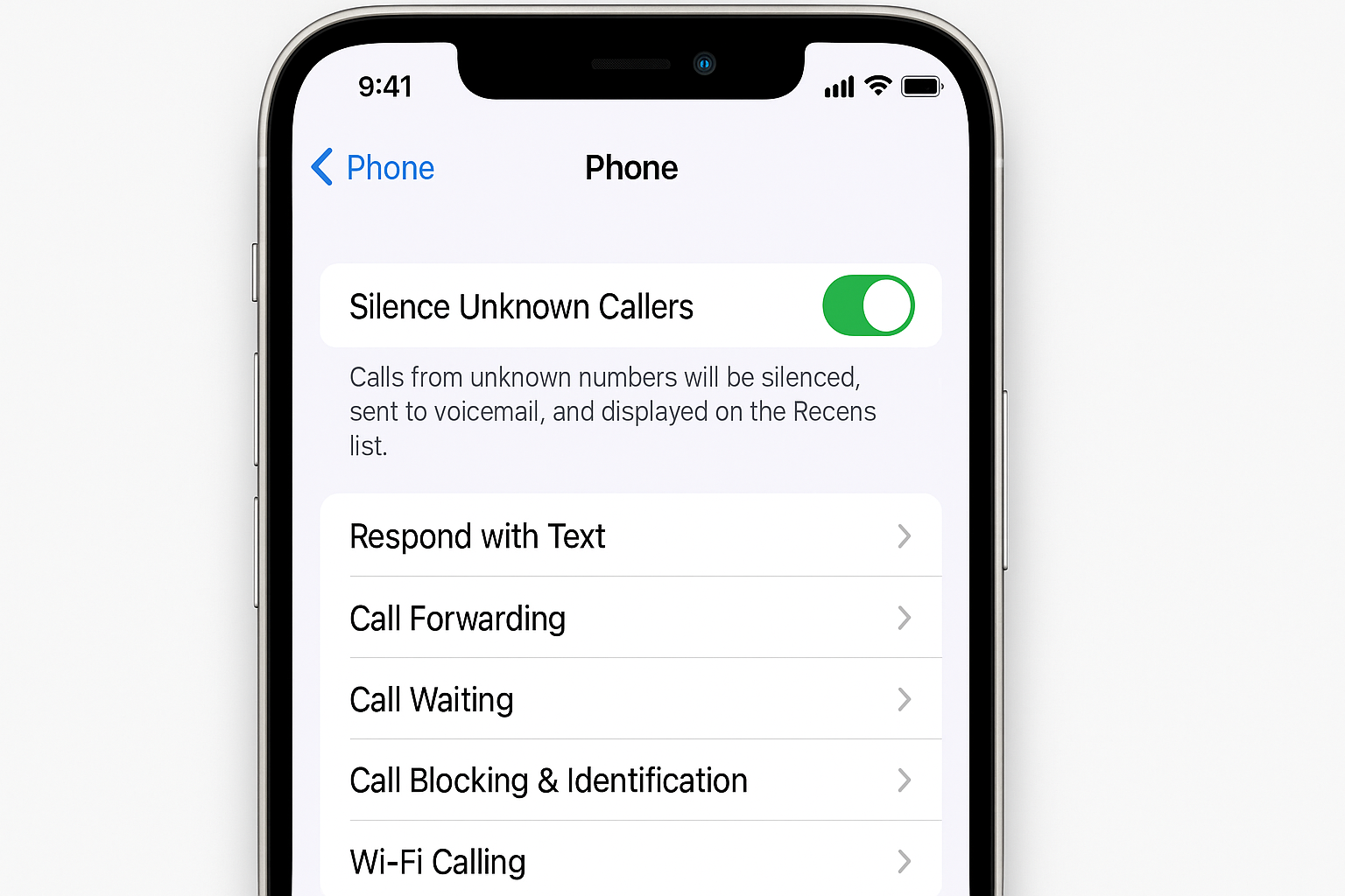 iPhone Settings > Phone page showing Silence Unknown Callers toggle switched on