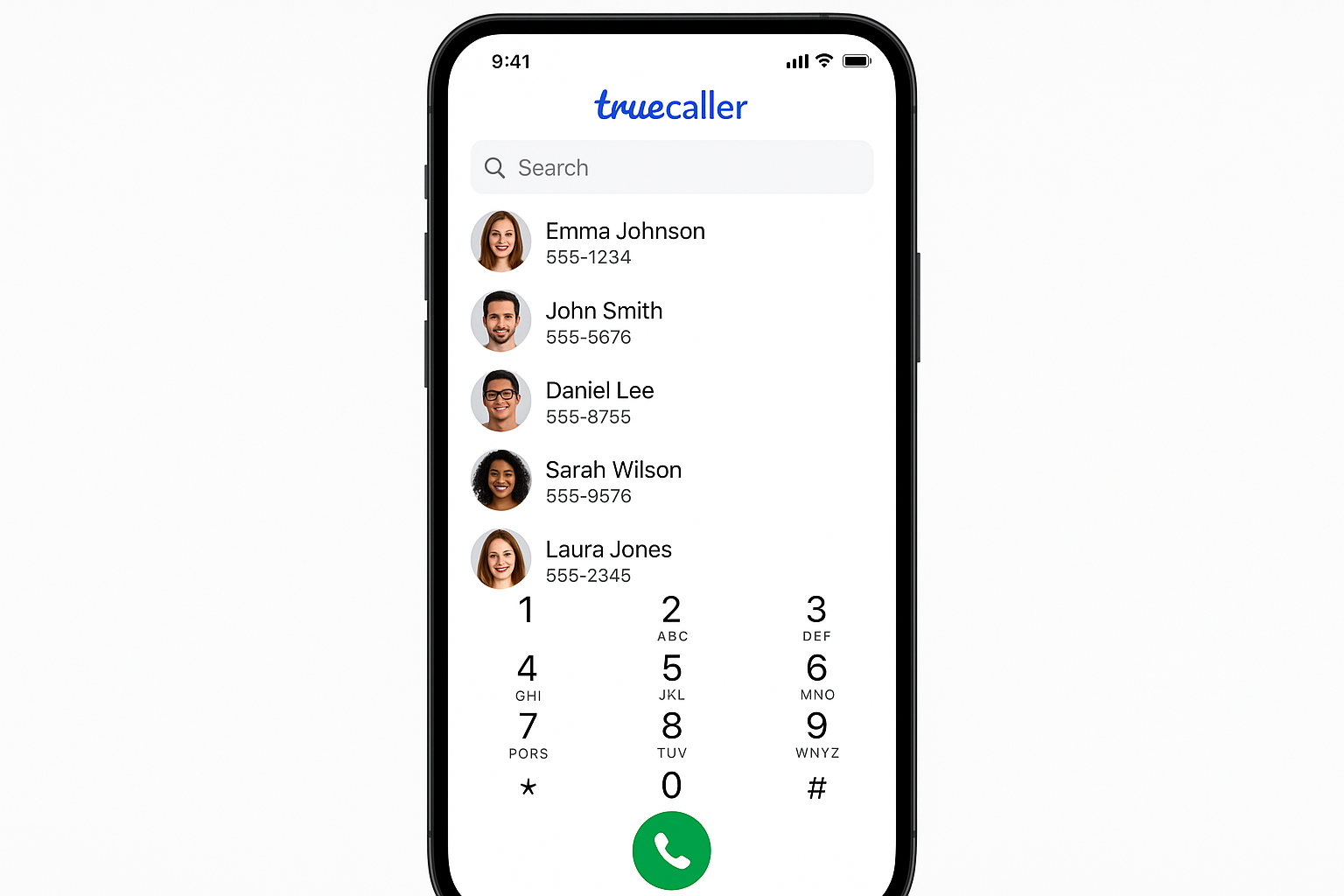 Smartphone screen showing Truecaller app interface with search bar and caller information display