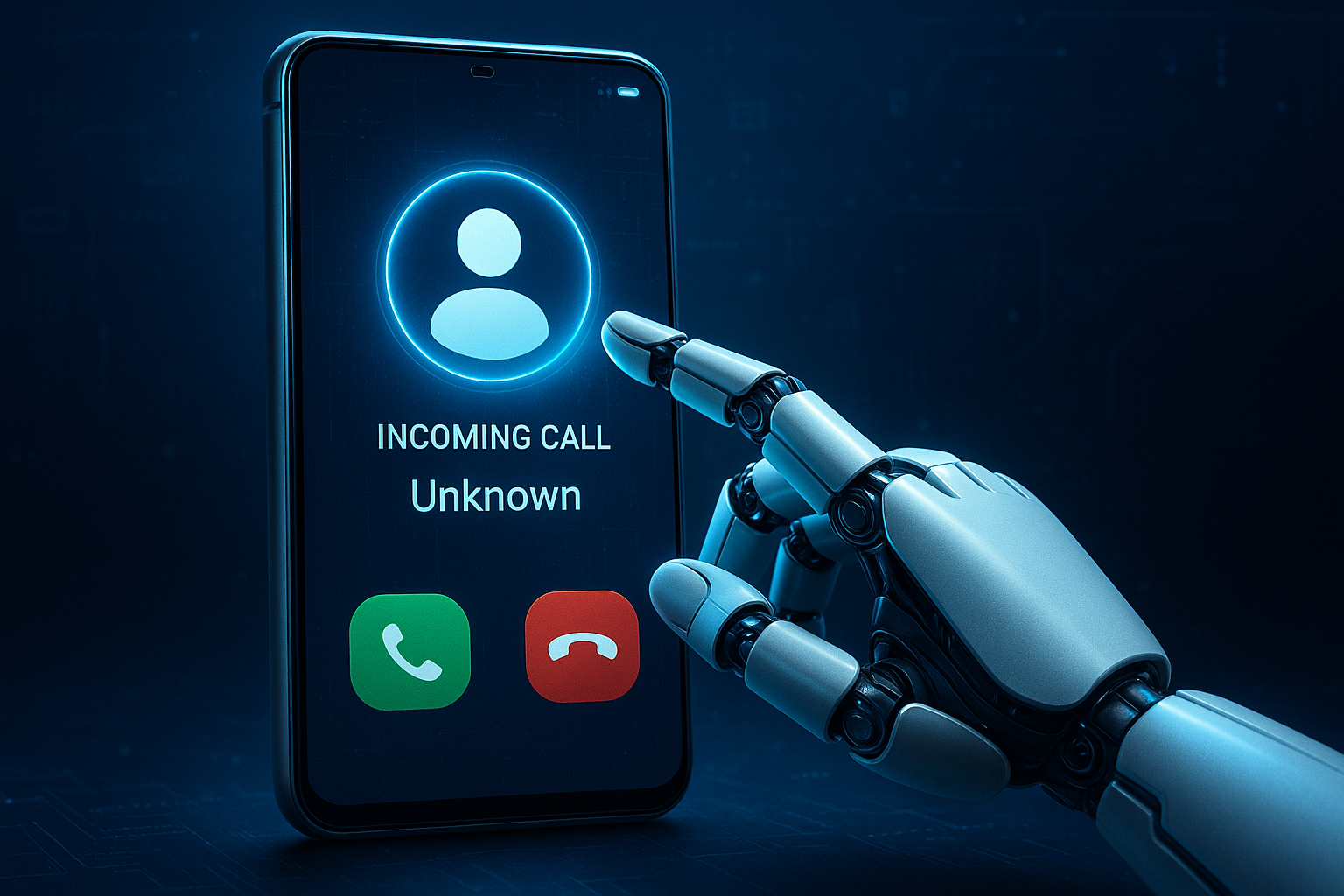Futuristic AI robot icon answering phone call with digital screening interface background