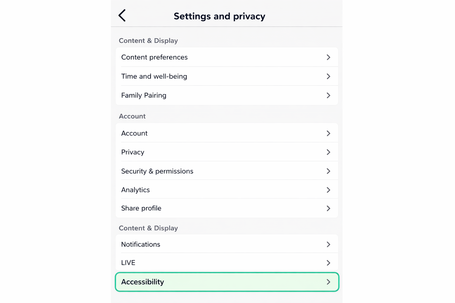 TikTok Settings and Privacy main menu showing Accessibility option highlighted