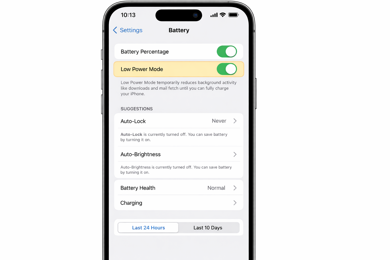 iPhone Settings Battery screen showing Low Power Mode toggle