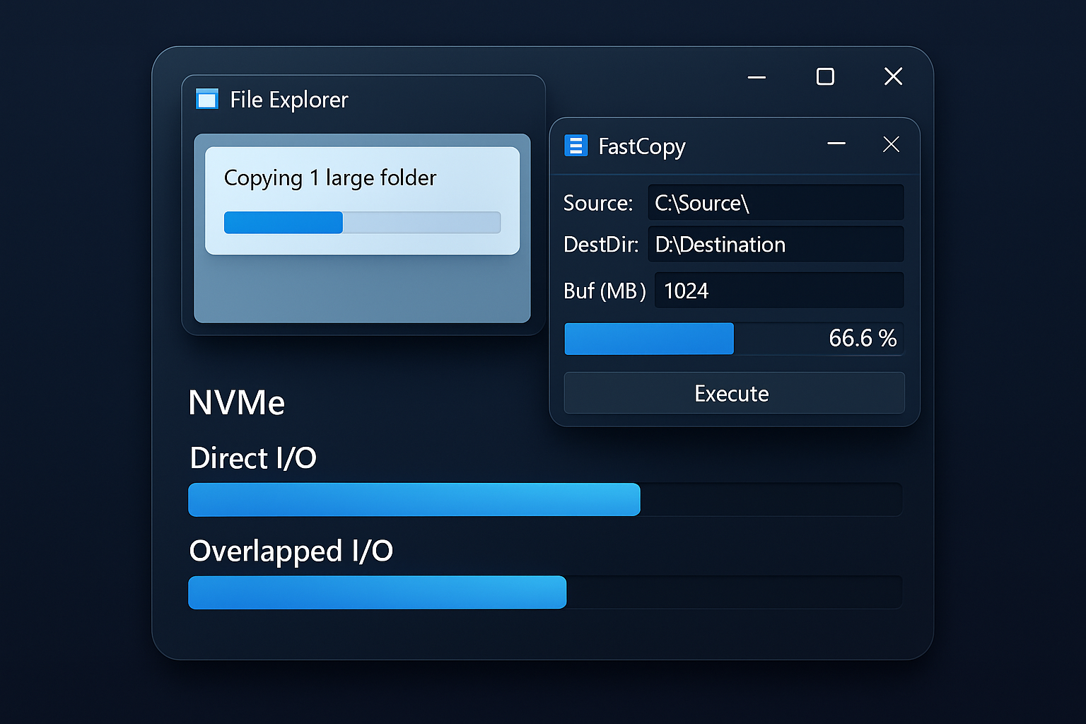 FastCopy interface showing file transfer progress with multiple threads and speed statistics
