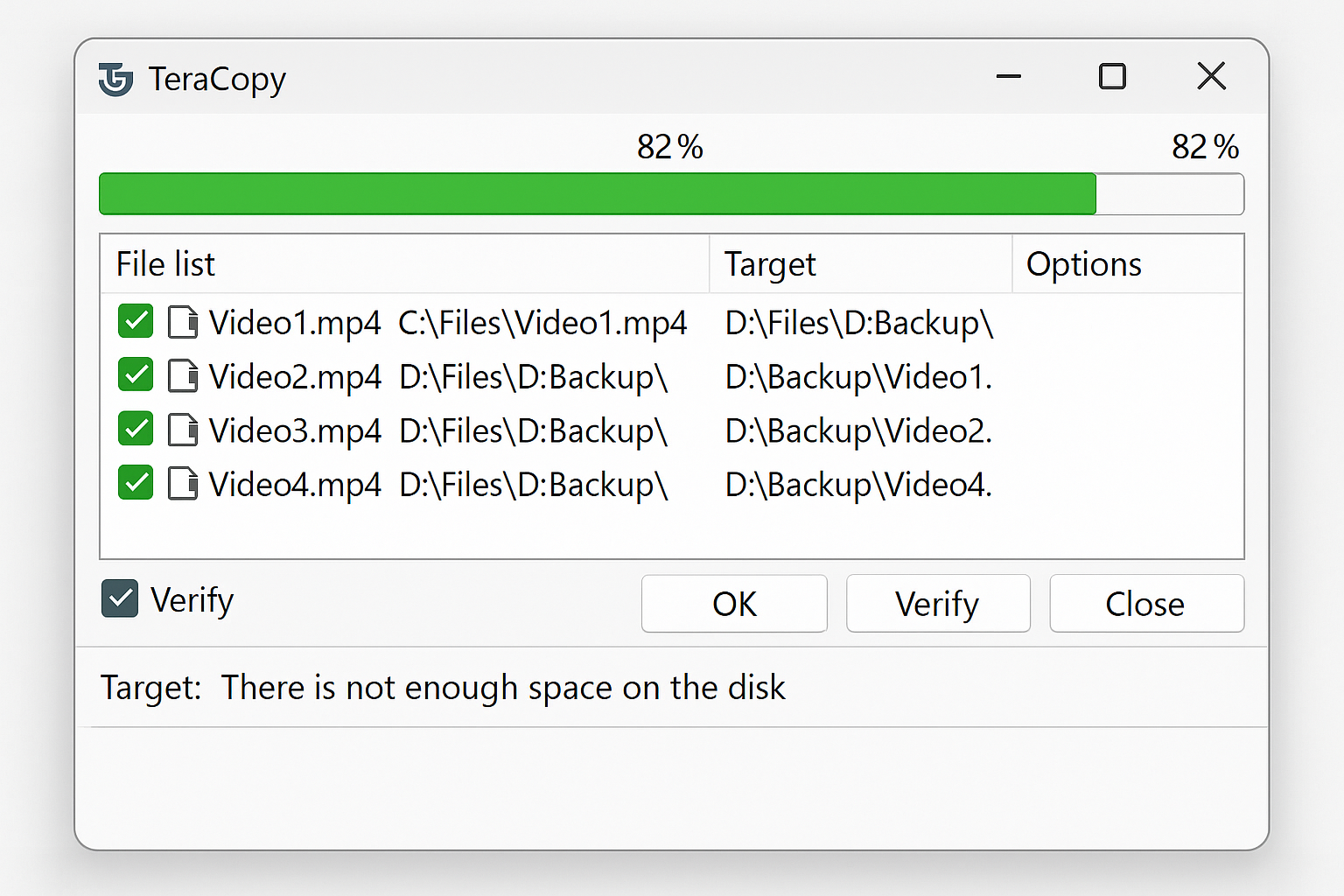 TeraCopy main window showing file queue with pause/resume buttons and verification options