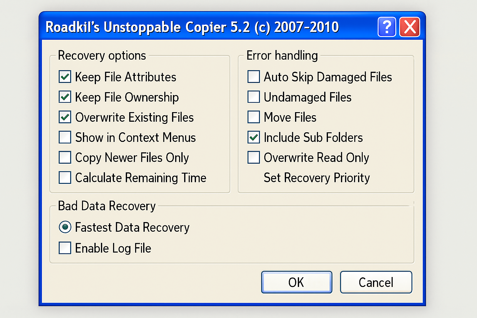 Unstoppable Copier recovery options showing error handling and retry settings