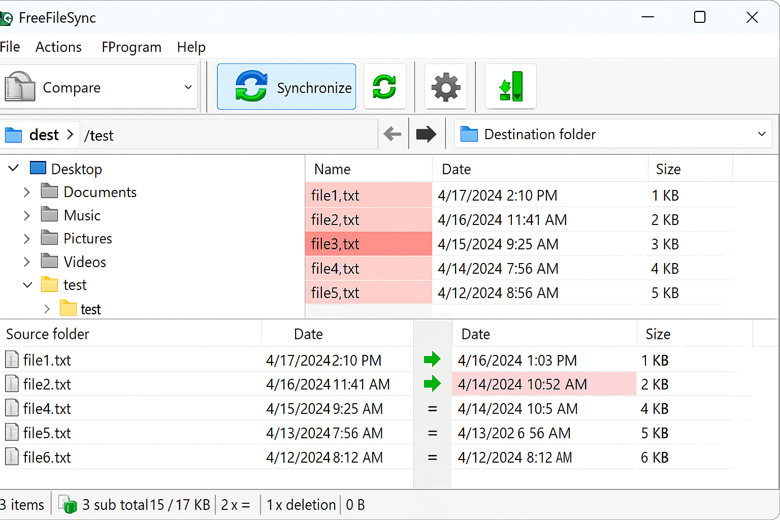 FreeFileSync folder comparison view showing differences between source and destination