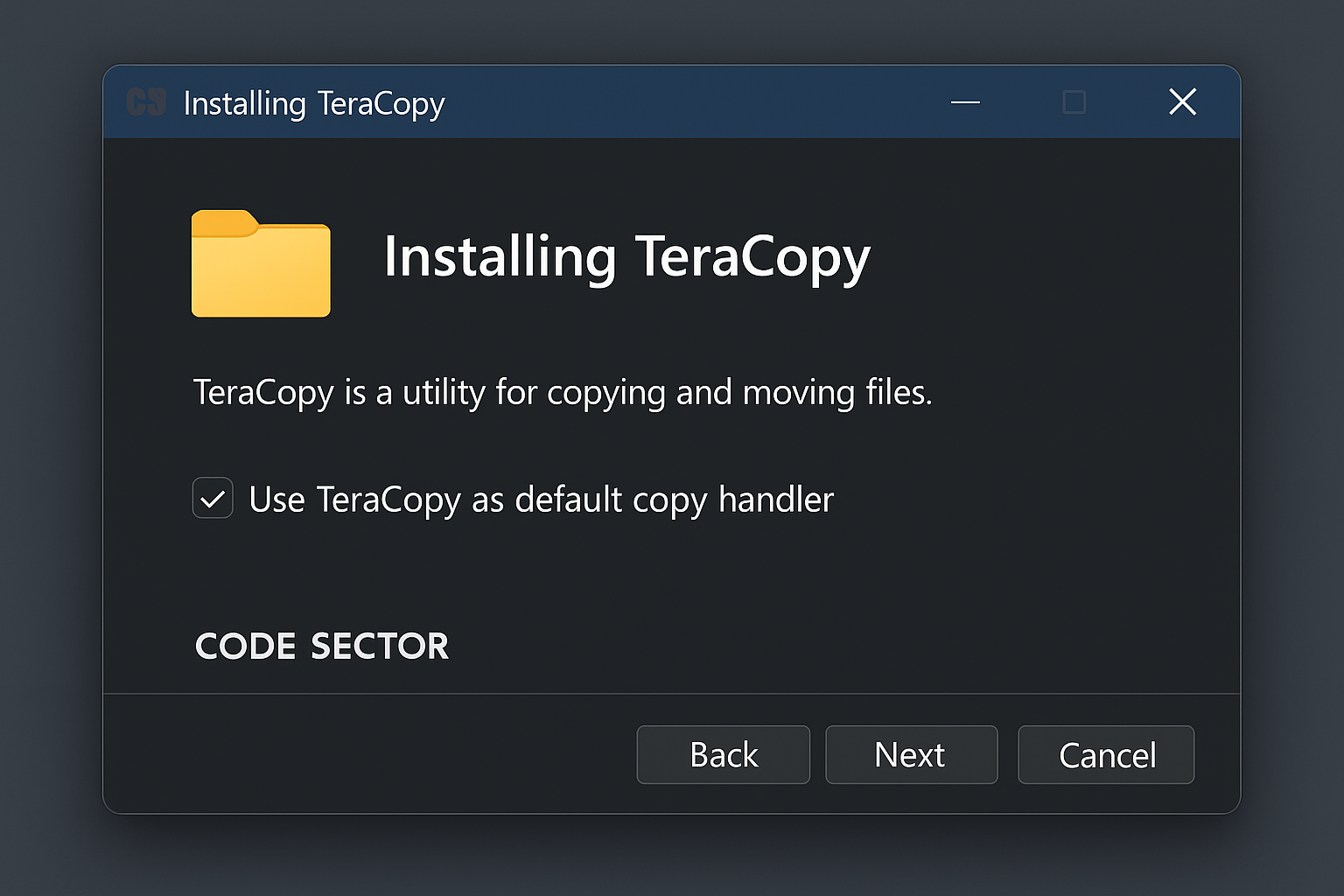 TeraCopy installation dialog with default copy handler option checked