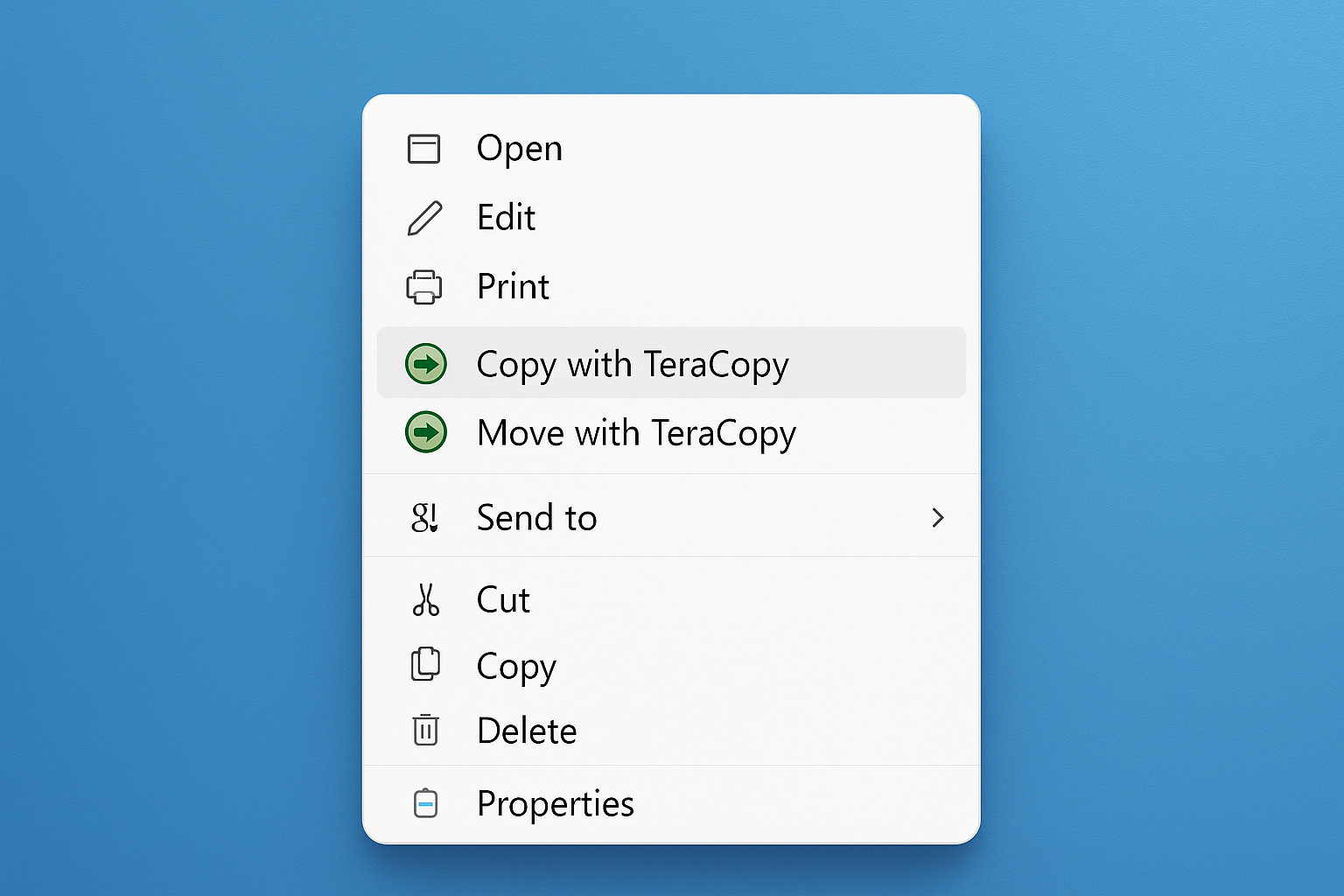 Windows right-click context menu showing TeraCopy integration options