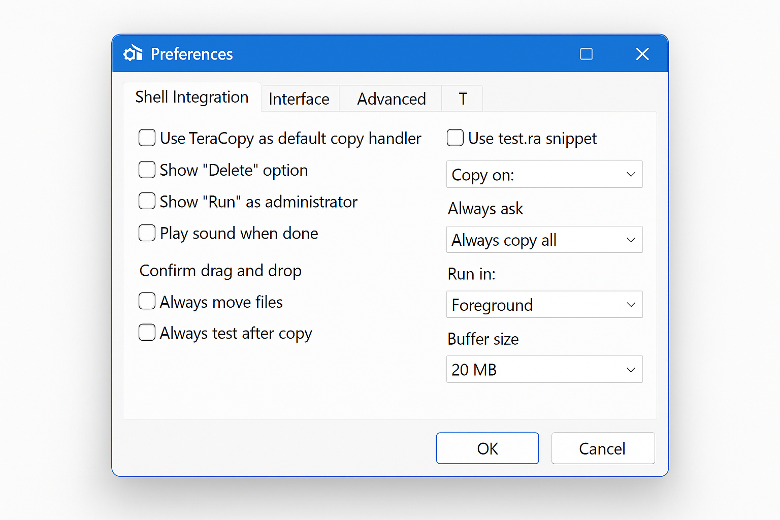 TeraCopy options dialog showing integration and verification settings