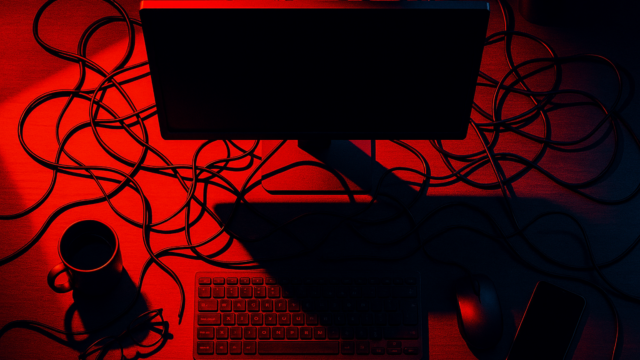 Top-down view of a desk with a monitor, keyboard, mouse, tangled cables, mug, glasses, and a smartphone under red lighting. - what-to-do-with-a-blank-screen-after-changing-your-computers-display-settings-featured