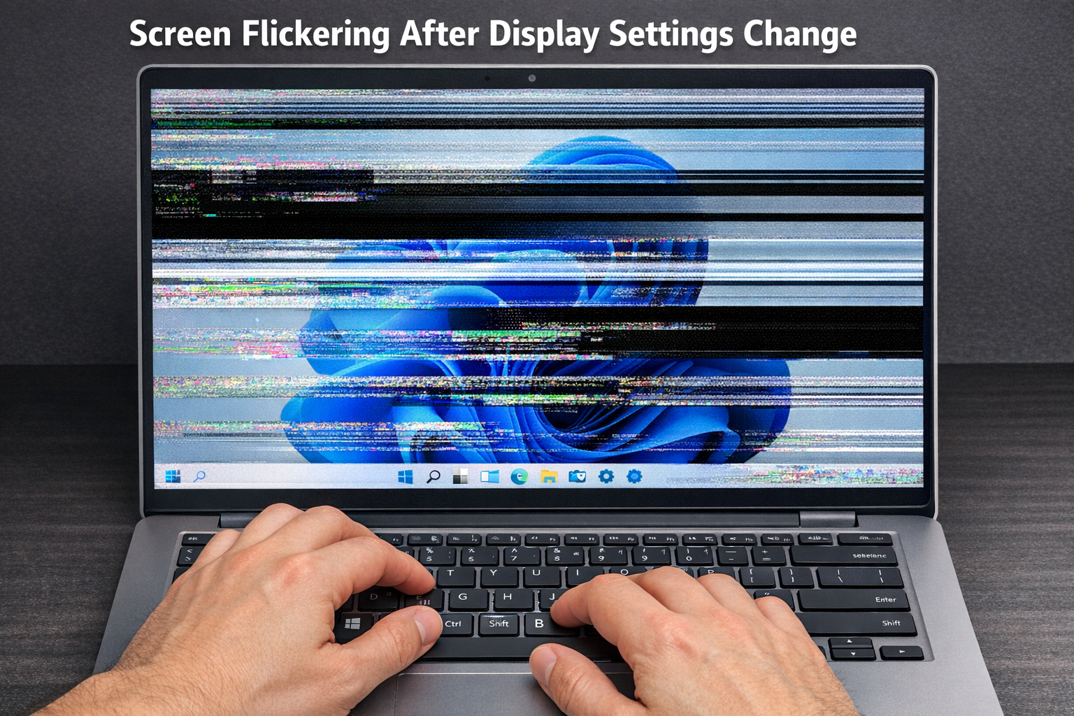 Hands pressing keyboard shortcut keys with screen flickering effect visible while showing Windows 11 desktop