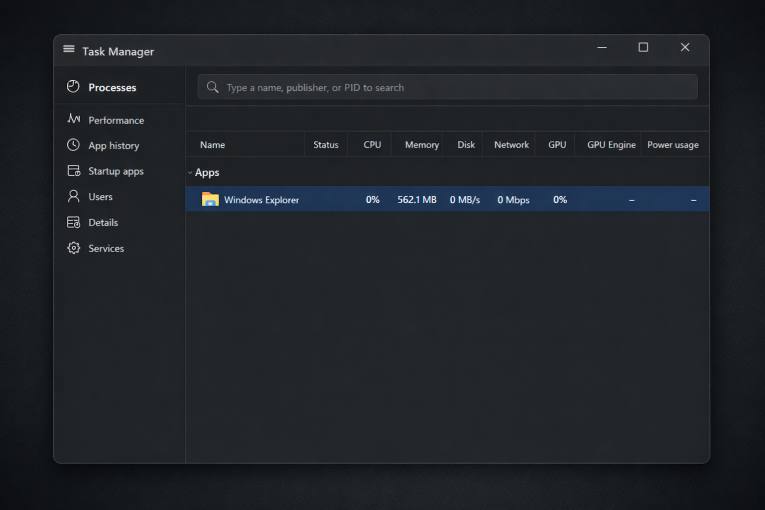 Windows 11 Task Manager open on dark screen with explorer.exe highlighted