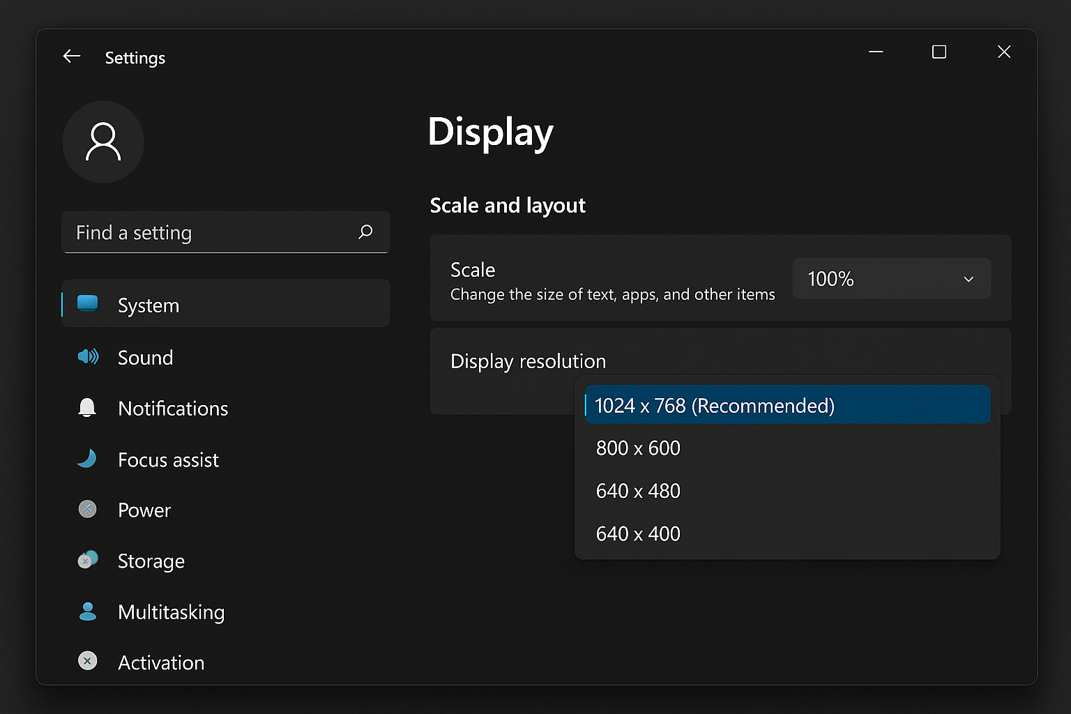 Windows 11 Display settings in Safe Mode showing resolution dropdown with safe options like 1024x768