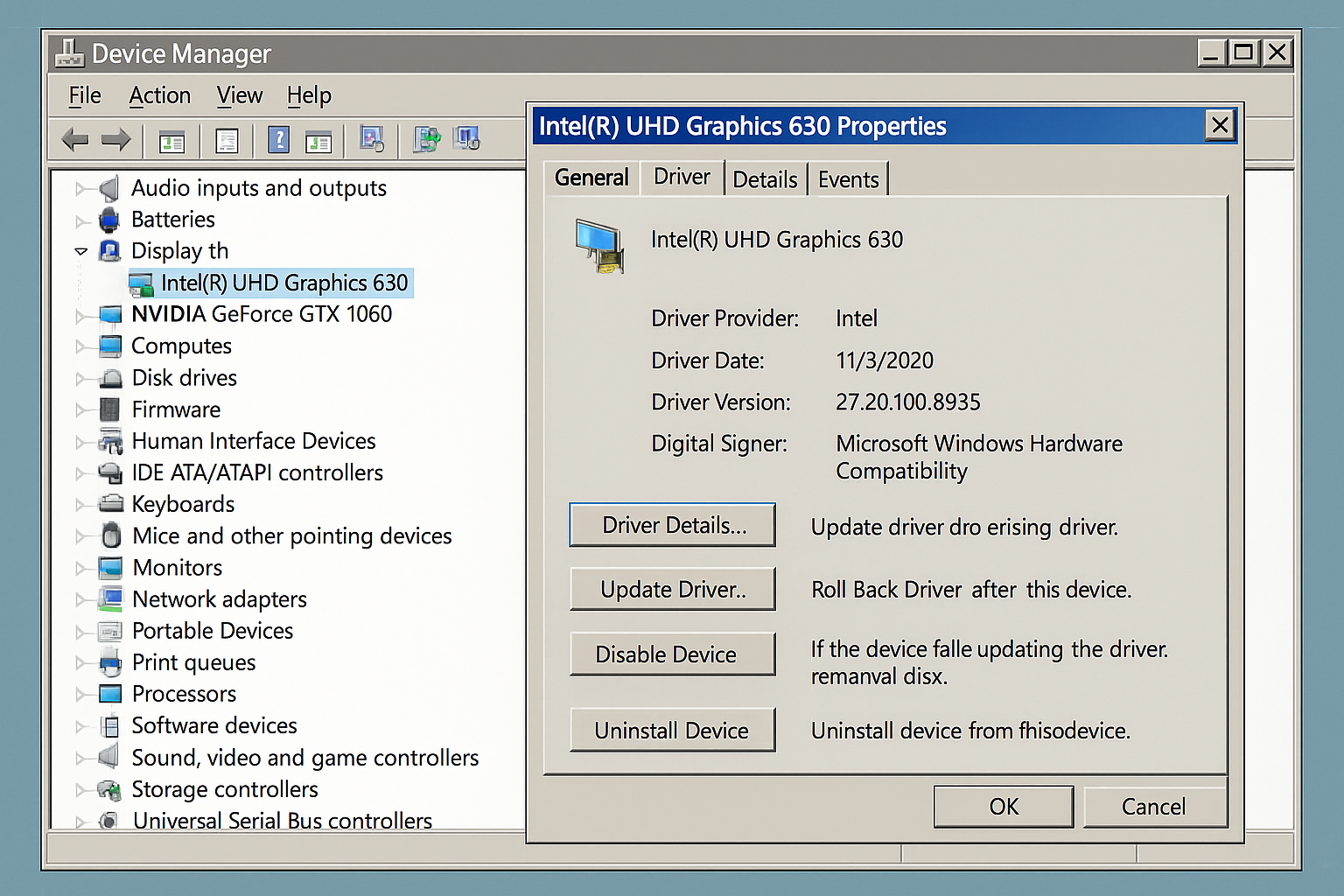 Device Manager with Display adapters expanded showing graphics driver properties dialog with Driver tab selected